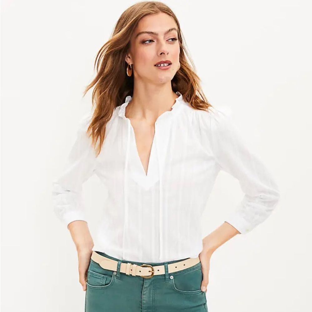 NWT Loft Ruffle Split Tie Neck White Cotton Striped Bohemian Peasant Blouse Sz L